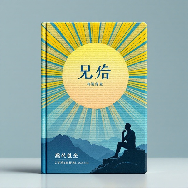 A large, radiant sun symbol (symbolizing brilliance and thought) with alternating yellow and blue rays in a circular gradient occupies the upper-middle portion. The background transitions from deep blue at the edges to pale yellow near the center, evoking a sense of enlightenment. A ghostly overlay of handwritten magazine text appears faintly in the background, hinting at the book's origins. The bottom-right corner features a silhouette of a thinker seated on a rocky pedestal, gazing upward toward the sun.