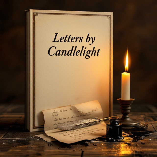 A candle sits softly glowing on the right side of the cover, with wax drippings pooling onto the surface below. An aged, folded letter with visible handwriting in faded ink rests beneath the candle, with its edges curling slightly. A quill pen lies diagonally across the letter, with an ink bottle nearby. The background is an antique wooden table in light brown tones, fading into darkness at the edges that evokes a vintage, shadowy ambiance.