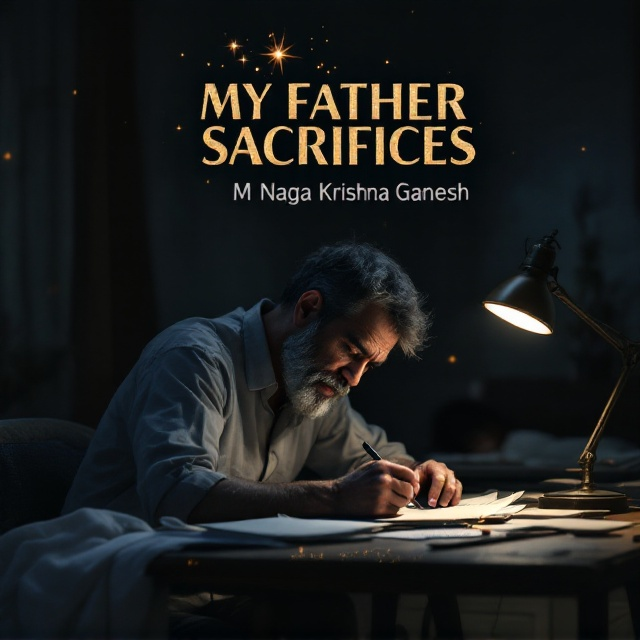 A dark and moody background of an overcast evening, featuring a dimly lit room with a single vintage desk lamp illuminating a father seated at a work desk. His slouched posture, weary expression, and calloused hands gripping a pen depict exhaustion yet determination as he reviews bills or work documents. In the background, a faint silhouette of a young child peacefully resting on a bed. The focus remains on the father, with warm light symbolizing his enduring love and strength despite hidden struggles. Subtle ethereal sparks (representing inspiration and gratitude) rise from the desk toward the top of the cover, blending into the title.
