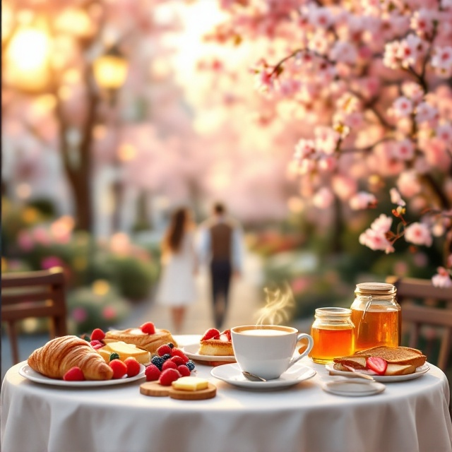 A dreamy morning scene featuring an outdoor Parisian café table laden with an assortment of breakfast favorites—croissants, fresh berries, a steaming cappuccino, toast with butter, and a sunny jar of honey. The background is an out-of-focus blooming cherry blossom tree, complemented by a warm sunrise sky in hues of pink, orange, and gold. A subtle silhouette of a couple walking hand in hand in the background evokes elements of romance and freedom.