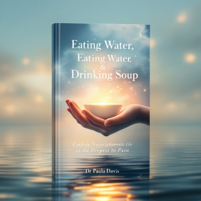 A serene, abstract scene of a sky merging into a calm body of water, where the soft outlines of a hand are cupped to hold water. Above the water, a faint, glowing bowl of soup floats—a visual metaphor for nourishment. Ethereal golden and blue tones dominate, with warm accents to evoke transformation and joy. Thin, swirling mist rounds out the dreamlike quality.