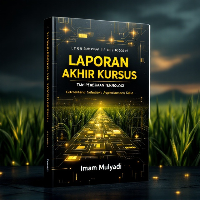 A sleek and futuristic cover with a vivid depiction of a vibrant rice paddy field (sawah) stretching into the horizon under a dramatic black and golden-tinged sky. In the foreground, there are glowing digital interface elements seemingly "floating" over the crops, suggesting innovative agricultural technology. Subtle geometric lines and patterns fade into the background, enhancing the modern and futuristic vibe. Illuminated grains of paddy are scattered subtly around the title.