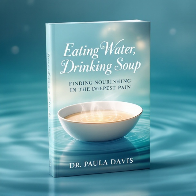 A serene scene of an ethereal bowl of soup gently floating on the calm, rippling surface of aqua-blue water. The water reflects soft light, creating a luminous atmosphere. The bowl of soup has delicate steam rising, forming abstract shapes that blend into the background, evoking both warmth and a sense of transcendence. The background fades into a gradient from deep aqua at the bottom to a pale, almost white hue at the top, symbolizing transformation from pain to joy.