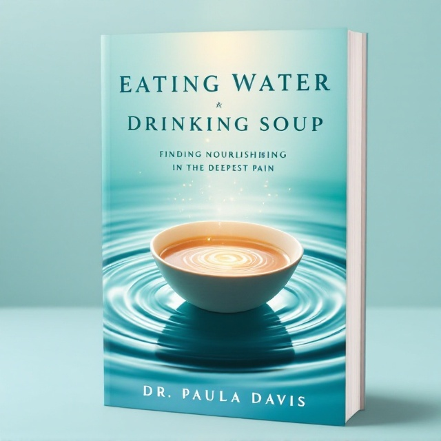A serene, light aqua background with gentle, concentric water ripples emanating outward. A simple yet elegant ceramic bowl sits in the center of the ripples, partially submerged, creating a reflective effect. The bowl contains a swirling soup with a faint glow that symbolizes transformation and nourishment. Soft, ethereal light streams from above, representing joy and spirituality.