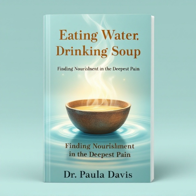 A serene, light aqua background with soft ripples emanating outward in concentric circles. At the center, a rustic, handcrafted bowl floats on the water, filled with translucent, steaming soup. The steam swirls upward in an abstract, almost spiritual form suggesting ethereal transformation. A gentle glow emanates around the bowl, reflecting light on the water’s surface.