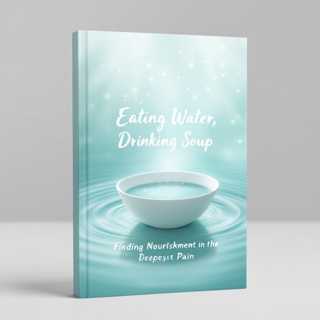 A serene, light aqua background fills the cover. In the foreground, a perfectly centered, pristine white bowl rests in softly rippling water. The ripples extend outward, creating a sense of movement and connectivity. Within the bowl is a faint shimmer, suggesting both soup and water, blending together in a luminescent, ethereal way. The edges of the design fade gently, giving it a dreamlike appearance. Subtle rays of light cascade down from the top, emphasizing transformation and hope.