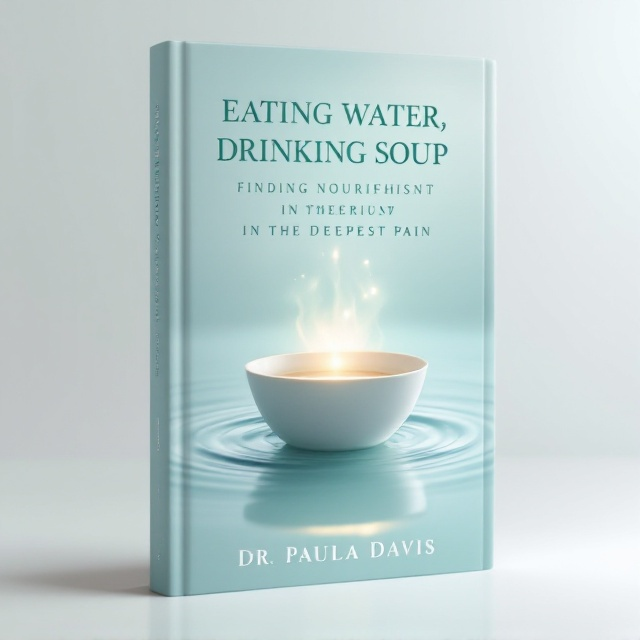A serene scene where a white soup bowl is partially submerged in tranquil pale aqua-colored water. Soft ripples radiate outward from the bowl, creating a meditative rhythm. Ethereal light emerges from within the bowl, casting a warm, divine glow that blends with the pale aqua background. The edges of the scene fade into a soft, diffuse white haze, contributing to the ethereal mood.