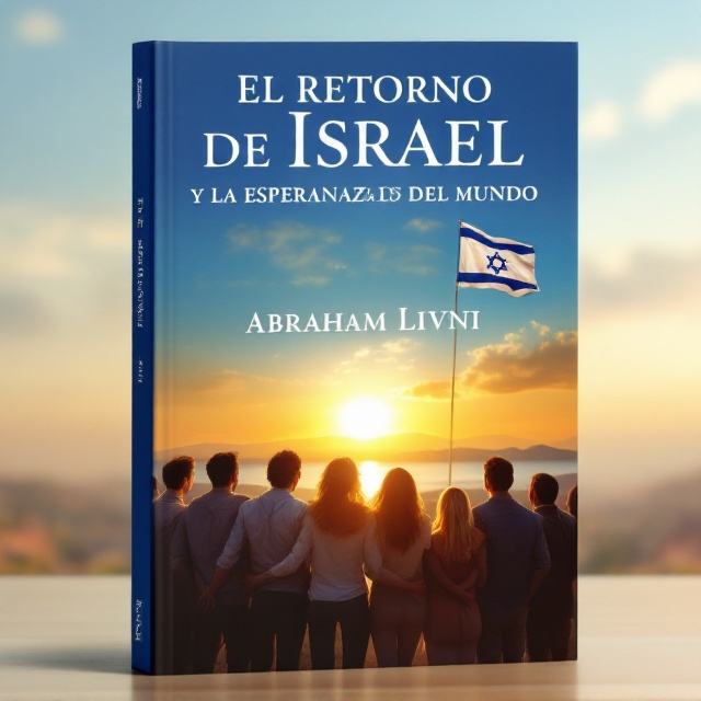A serene background of a golden sunset blending into a royal blue sky. The flag of Israel waves softly in the breeze in the upper left corner against this backdrop, evoking a sense of identity and homecoming. In the foreground, a group of diverse people stands together, their backs facing the reader as they gaze toward the distant horizon, symbolizing unity, friendship, and hope. The horizon features faint outlines of a home-like structure and gentle hills.