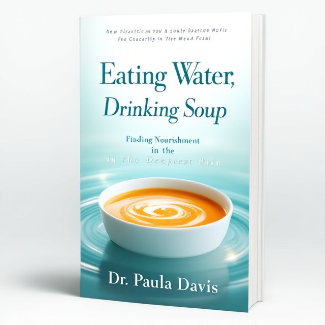 A serene image of a white soup bowl filled with warm, golden pumpkin soup. The bowl is partially submerged in calm aqua-toned water with ripples gently radiating outward. The light in the scene has an ethereal glow, emanating softly from within the soup bowl and reaching upwards. The background transitions from deep aqua at the bottom to pure white near the top, suggesting elevation and transcendence.