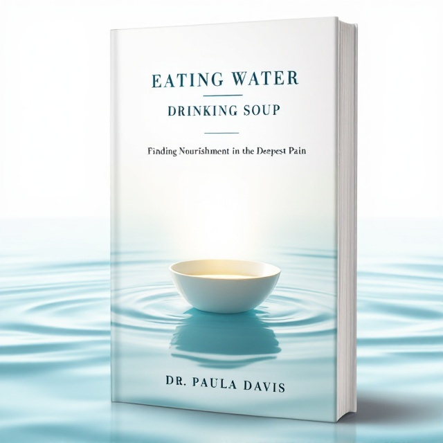 A serene, minimalist design featuring a small, delicate white porcelain bowl of soup resting in a vast expanse of rippling aqua water. The water is soft and ethereal, with gentle light reflections, and emanating from the bowl is a soft, glowing white transformative light that diffuses outward, blending seamlessly into the ripples. The background fades from a pure white at the top to an aqua hue toward the bottom, creating a soothing two-tone gradient.