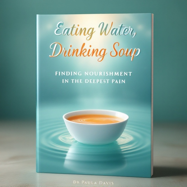 A serene scene featuring a small white bowl of orange soup floating on a calm, aqua-colored water surface. The water has subtle ripples radiating outward, creating a sense of movement and fluidity. Above the bowl, a soft, radiant white light emanates from the soup, blending with the aqua and creating an ethereal gradient. The backdrop subtly fades into a twilight-like hue, enhancing the spiritual and transformative feel.