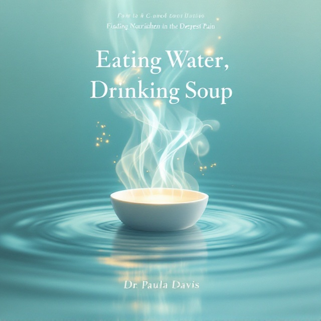 A serene, graduated light aqua water surface fills the entire cover. At the center, a small, simple white ceramic bowl rests lightly on the rippled water. Ethereal, translucent white light steams from the bowl in delicate, swirling patterns, transforming as it ascends into abstract, glowing forms that convey harmony and transcendence. A hint of warm gold subtly glimmers in the steam, symbolizing hope and joy amidst pain.