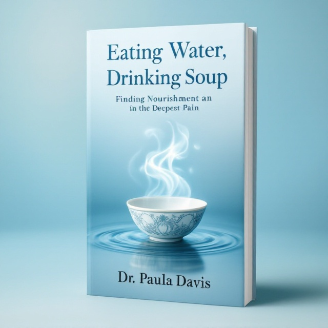 A serene light blue gradient background flowing from a deep light blue at the base to an almost white, misty blue at the top. A small, delicate porcelain bowl with intricate detailing sits in the center, gently floating on soft water ripples that gradually vanish into the background. Rising from the bowl is a translucent, ethereal steam in a swirling motion, creating a shape reminiscent of transformative light.