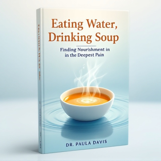 A serene and ethereal scene showing a small white porcelain bowl filled with vibrant orange pumpkin soup. The bowl is placed on the surface of water that has soft ripples, reflective of a calm, meditative ambiance. Wisps of white steam rise gracefully from the soup, dissolving into the gradient sky background to symbolize transformation and spirituality. The primary color palette transitions from a light blue at the water's surface to an even lighter, near-white shade toward the top, representing tranquility and elevation.