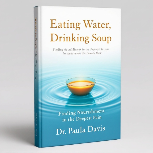 A serene, ethereal cover featuring a small bowl of light orange soup floating in crystal-clear water. The water has gentle ripples emanating outwards, subtly transitioning from a darker blue at the bottom half of the cover to a lighter blue closer to the bowl. A soft, otherworldly light glows from within the soup bowl, creating an illuminated orb of warmth and healing. The background is minimal, emphasizing the smooth texture of the water and the glowing bowl.
