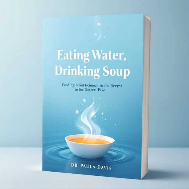 A serene light-to-lighter blue gradient background resembling the calmness of a clear sky transitioning into soft water ripples below. A small bowl of soup sits centered at the bottom of the cover, with a tender, ethereal swirl of joyful steam ascending upwards. The steam transforms midway into abstract shapes resembling warm, delicate hands cradling the atmosphere. This symbolism suggests healing and nourishment. Subtle water drop textures are scattered throughout the design for added depth.