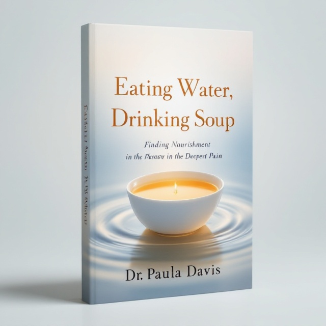A serene, soft-focus image of a small white bowl filled with light orange soup floating on calm, rippling water. The water reflects a subtle white glow from the soup, creating an ethereal and calming aura. The background transitions from two-tone light blue at the top to soft white at the bottom, symbolizing peace and transcendence. The edges are softened, giving the design a dreamy effect.