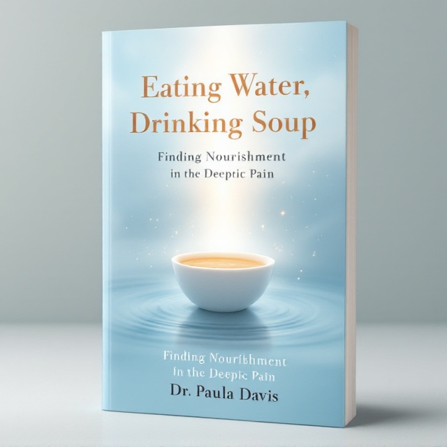 A serene, ethereal scene of a small white bowl filled with light orange soup, placed in the center of a calm, light blue body of water. Soft ripples extend outward from the bowl, catching subtle radiating angelic light. The light emanates upward elegantly, fading into a gradient of lighter blue. Slight reflections shimmer on the water surface. Gentle clouds or faint mist hover above, adding a celestial feel.