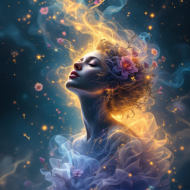 An ethereal figure of a woman, depicted only partially, floating within a surreal and dreamlike landscape dominated by hues of gold, deep violet, and cerulean blue. A swirl of galaxies, blooming flowers, and abstract smoke intertwines with her silhouette. Her face lifts upward, an expression of longing and self-reflection. In the background, a translucent, glowing urn rests on an otherworldly pedestal, blending into the scene. Tiny flying keys float in the foreground, adding an air of mystery and magical symbolism.