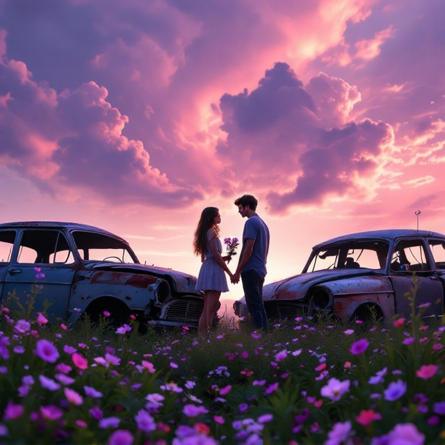 The cover portrays a serene meadow blanketed with soft green and purple hues, with vibrant, scattered flowers framing the bottom of the artwork. In the forefront, two visibly damaged and rusty cars – one closer to the left, the other slightly farther to the right – are intertwined as though echoing a collision. Between them, a pair of teenagers stand, backlit by the moody twilight sky. The girl holds a small bouquet of wilted flowers, while their hands barely touch in a tender, almost hesitant gesture of love. A mix of pink and deep purple-toned clouds swirl in the background, lending a dreamy yet sorrowful ambiance. The emotional tension of love, heartbreak, and beauty lingers, accentuated by subtle shadow work and faint glowing outlines around the figures.