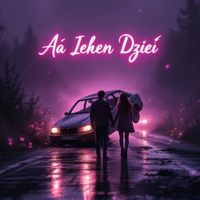 A dimly lit scene of a wrecked car tilted on a rain-soaked road, its headlights fading into the distance. The background is a hazy, dreamlike mixture of purple and pink hues blending into blackness, with abstract ghostly flowers growing beside the road. Two teens stand close together in the foreground a boy and a girl, slightly translucent, almost like ghosts, holding hands as if their love transcends the tragic event. The mood is dreamy yet haunting, balancing sadness and fleeting romance.