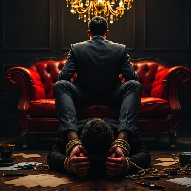 The top of the cover is dominated by the waist-down view of the seated man. He wears deep gray slacks, polished black leather shoes, and sits confidently on a deep red, vintage leather sofa with legs slightly apart. Dim, golden light from the ornate crystal chandelier above gives his form a commanding glow, casting sharp shadows onto the lush, dark brown and gold European villa interior. The background subtly reveals the foot of a lush bed with dark silk sheets in soft focus. In the lower half, the kneeling man in a slightly disheveled black suit faces away from the viewer. His hands are tightly bound with rough rope, their tension emphasized by red marks on his wrists. Shadows from the chandelier stretch across the dark wooden floor, adding depth while scattered objects—a broken fountain pen, scattered papers, and a luxury wristwatch—hint at a power struggle.