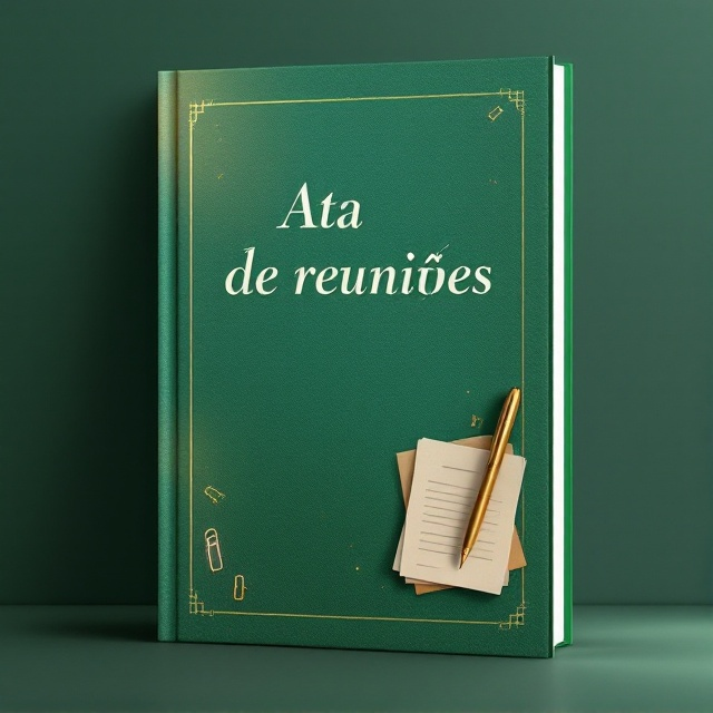 A clean, minimalist green cover featuring a textured background resembling a fabric or leather meeting agenda folder. In the center, a stack of documents is illustrated in neutral tones, slightly tilted, paired with an elegant golden pen resting diagonally on the documents. Paper clips are scattered subtly in the background, blending into the design while creating depth. Subtle light accents emanate from the center to create a warm and welcoming tone.
