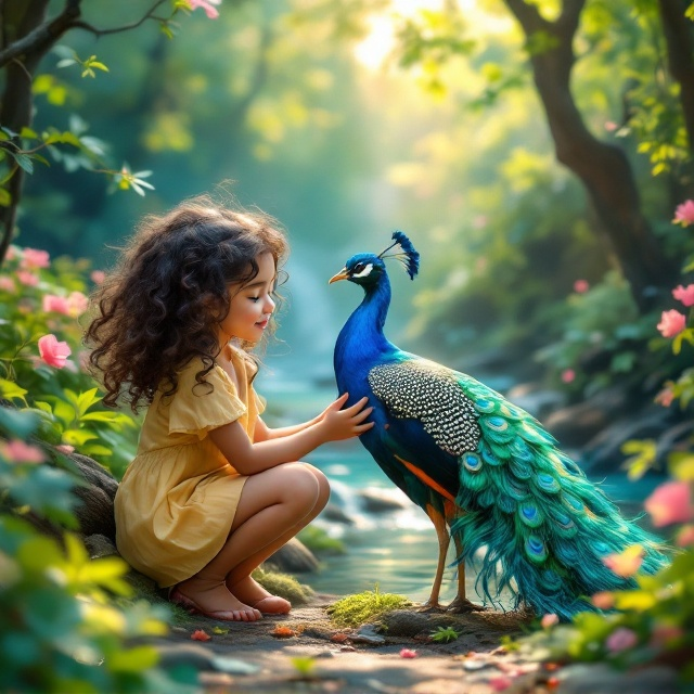 A serene forest scene in springtime, bursting with greenery and colorful blossoms. A gentle waterfall cascades in the background, adding a calming touch. The scene's focal point is a young girl with curly dark hair, kneeling on the forest floor. She is wearing a light yellow dress and is lovingly petting a radiant blue and green peacock, whose feathers shimmer with intricate patterns. Soft sunlight filters through the trees, casting warm, glowing patches of light on the girl and peacock.