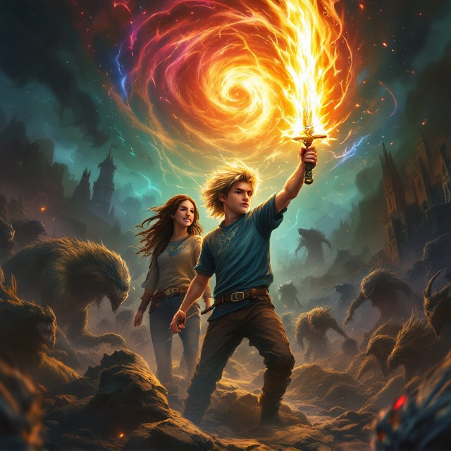 The cover showcases a dynamic fantasy scene featuring the three protagonists. On the left of the cover, a brown-haired girl with braids appears with a resolute expression, half-turned as if preparing for action. Beside her, the second brown-haired girl beams with a joyful expression, a reassuring presence in the chaos. At the center, a blond-haired boy dominates with an electric presence, holding a flaming sword aloft in both hands. The fiery glow of the sword gives off a magical aura, casting light onto the other characters. In the background, a stormy, otherworldly landscape showcases a ruined city, rolling hills, and an emerging army of shadowy monsters. At the top, there is a magical burst of color—a swirl of reds, oranges, blues, and greens—to suggest epic energy and power.