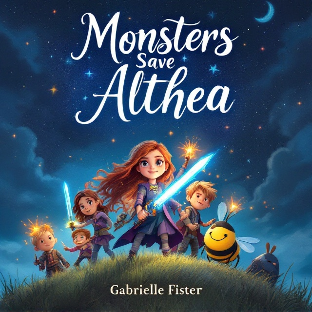 The cover features a dynamic nighttime scene with a whimsical atmosphere. The background displays a starry, deep blue sky with subtle glimmers of magic, swirling clouds, and ethereal lights. Central to the composition is the honey-brown-haired girl holding a glowing blue and silver sword. Surrounding her in a protective arrangement are the other characters—two brown-haired girls with happy expressions, one wielding a sword ablaze with fire; a blond-haired boy with a cheerful look; an annoyed-looking brown-haired boy glancing sideways; and a vibrant, oversized bee with a cute smile. They are standing on a grassy hill, with soft moonlight illuminating their faces.