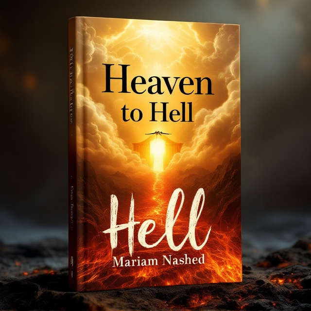 The cover is divided into three vertical sections. The upper section features the golden gates of heaven emerging through soft, ethereal clouds. The word "Heaven" is boldly written across this section in a serif-style, jet-black font, with clouds slightly overlapping the edges to blend the text seamlessly. In the middle section, "To" is written in delicate black cursive font, elegantly placed in the center with a glowing transition from white to a faint shadowing around it. The bottom section is dominated by the fiery landscape of hell, with blazing flames and dark, jagged rocks. The word "Hell" is aggressively scrawled in deep blood-red, dripping slightly as if it’s melting into the hellfire below. The author's name, "Mariam Nashed," is displayed near the bottom in white and is aligned slightly to the right for balance.