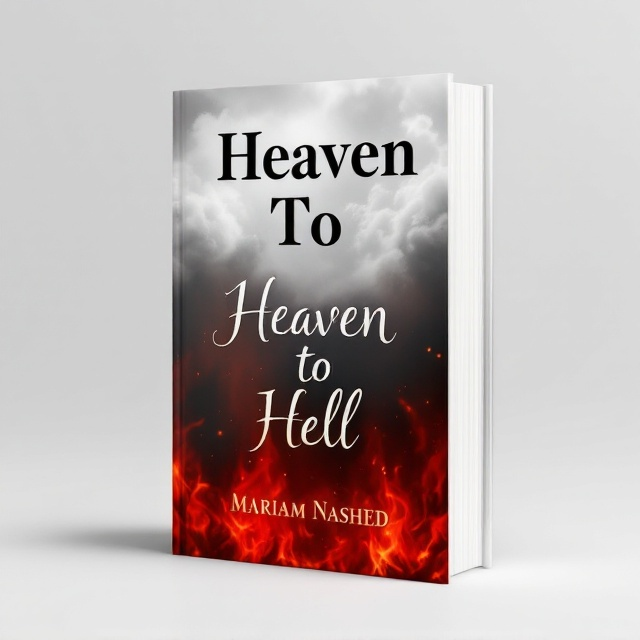 A dark gradient background transitioning from a smoky white top to deep red at the bottom. "Heaven" is positioned at the top, bold and in black, overlaid on the partially obscured golden gates of heaven surrounded by misty white clouds. "To" is featured in the middle in elegant black cursive, floating amidst a soft gradient sky. "Hell" is at the bottom, fiery red in color with the text appearing to be engulfed in flames, with subtle shadows and embers merging into the intense infernal imagery below.