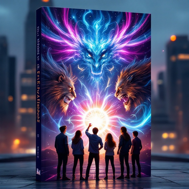 A glowing portal occupies the center of the cover, surrounded by swirling, luminous energy of contrasting colors (purple, blue, and orange). The five teenagers stand in a semi-circular formation at the bottom of the cover, each holding a glowing Cryptara card in a defensive, ready-for-action pose. Behind them, the modern cityscape looms, illuminated by twilight hues and lit skyscraper windows. Emerging from the glowing portal, the majestic winged lion and the multi-eyed behemoth face off, their fantastical forms blending with dynamic motion effects—like streaks of light and energy sparks—as though about to erupt into a battle.
