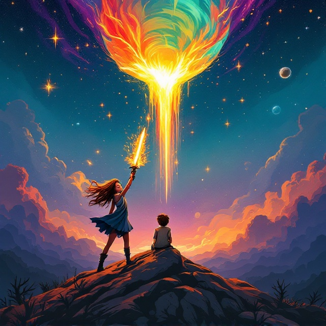 On the foreground of the cover, a brown-haired girl stands on the top of a hill with a fierce but joyful expression, holding a blazing sword emitting fiery orange and red flames. Standing a little behind her is a brown-haired boy, sitting on a rock, appearing melancholic and gazing downwards. His posture contrasts her confident stance. The background features a deep blue and purple night sky with stars scattered all across. Near the horizon, a small glowing portal floats, pulsating with aurora-like hues of green and gold. Dominating the upper half of the cover is a fiery asteroid plunging downward, leaving a trail of sparks. Below the hill, shadowy silhouettes of fantastical creatures are barely visible, adding depth.