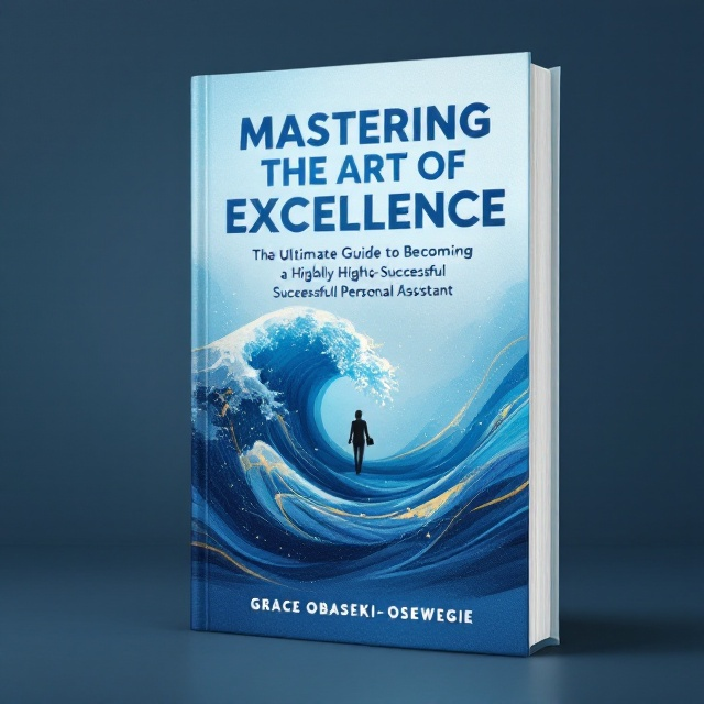 A minimalist yet striking layout with an abstract oceanic wave design in ocean blue, symbolizing depth, calm, and excellence. In the wave's crest, subtle golden accents reflect sophistication and success. The background gradient transitions from a lighter ocean blue at the top to a deeper shade at the bottom, creating a sense of progression. A silhouette of a professional individual with a briefcase is subtly integrated into the wave, symbolizing the role of a personal assistant mastering excellence.