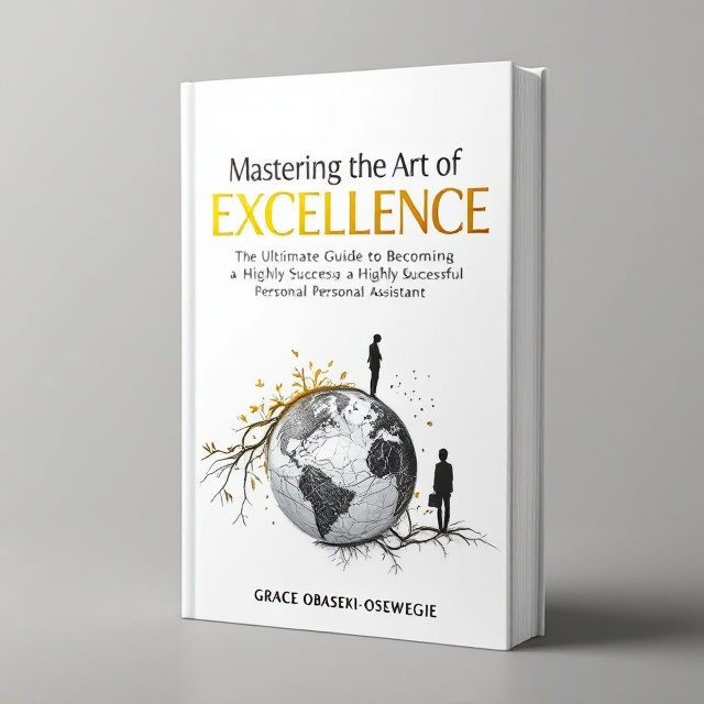 A sleek, minimalist design featuring a white backdrop with earthy elements such as a globe-shaped outline or subtle roots branching out. A gold gradient is used for the title text, symbolizing success and excellence. A silhouette of a corporate professional in the bottom-right corner represents the personal assistant role, while a faint horizon line connects the earth and professional figure, hinting at growth and achievement.