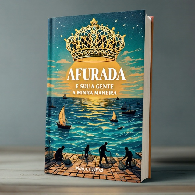 A central crown intricately designed like fishing net knots, adorned with small details of fish and shells, symbolizing "Afurada" as the queen of fishing communities. Behind the crown, an illustration of fishing boats sailing on wavy, textured water in rich "azul mar" tones, creating a feeling of movement. At the bottom, silhouettes of fishermen and women (varinas) working with their nets on a bustling dock complete the scene. The background features soft gradient blending detailed seaside elements like the sun and sky merging subtly.