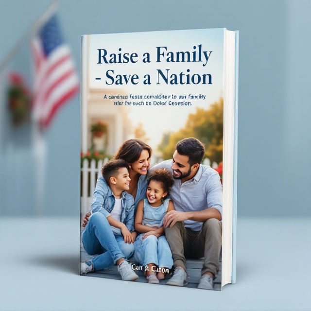 A photorealistic image of a happy Hispanic family composed of parents and two children (one young boy and one young girl) sitting together on the front porch of a classic American home. The home features a white picket railing with red geranium plants in the background. Prominently displayed is a U.S. flag hanging on the porch, softly illuminated by golden afternoon light. The family appears content, smiling affectionately at each other, with warm expressions that convey peace and unity. The background features a soft blue sky with minimal clouds, complementing the scene.
