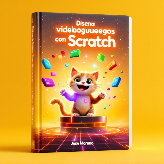 A vibrant digital world with a yellow background that transitions into a glowing gradient of orange and white. The Scratch Cat is in the center, with a big friendly smile and one paw raised as if greeting the viewer. Around it, colorful Scratch code blocks float in mid-air, forming an orbit-like circle. The blocks are shades of blue, green, pink, and orange. The starry sky in the top half of the cover sparkles with tiny, glowing stars that give it a magical feel. The lower part of the cover features a vibrant digital grid fading into the background, evoking the feeling of a futuristic gaming world.