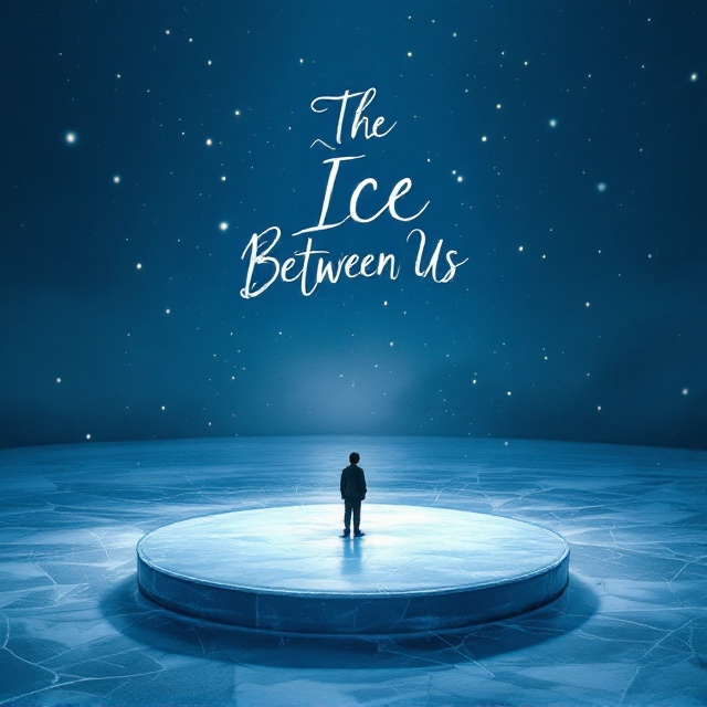 A muted, frosty blue and gray color palette dominates the cover, with a large circular ice skating rink at the bottom half of the design. The boy stands in the center of the icy rink, facing downward, his posture heavy with solitude. The background is a shadowy, twilight scene, with faint, dim twinkling lights as if they are distant stars or hanging above the rink. The texture of the ice creates ripples and cracks, symbolizing emotional tension. Everything feels cold and distant, yet there is a faint glimmer of soft light in the distance, suggesting a subtle undertone of hope.