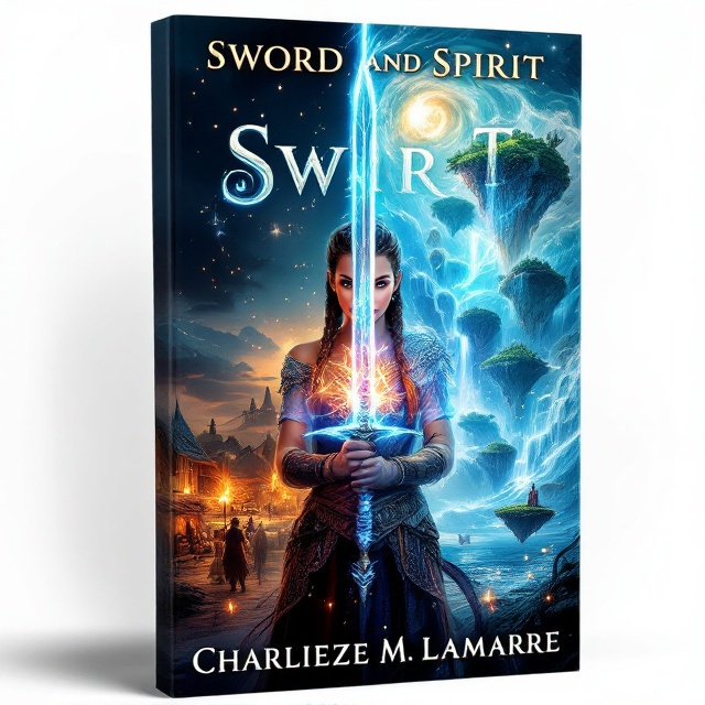 A stunning split-scene composition the left half of the cover depicts a lively Viking village placed by the edge of the sea with wooden huts, billowing sails, and fiery torches glowing against a twilight sky. The right half transitions into the ethereal elemental realm – a swirling magical blend of floating islands suspended in the air, waterfalls cascading into nothingness, and vivid glowing auras of Earth, Air, Fire, and Water. In the foreground, Ruby stands confidently, holding a gleaming sword infused with elemental energy, her intricate Viking braids adorned with beads. Fireflies softly illuminate the bottom edge, blending the two realms effortlessly.