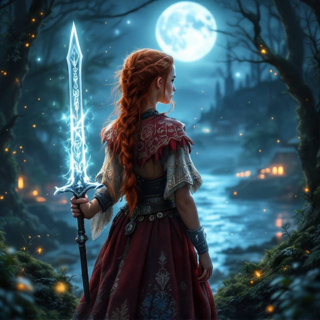 A captivating moonlit scene frames a young Viking girl, Ruby, standing boldly at the edge of a mystical forest. Her braided fiery-red hair catches the silvery glow of the moonlight. She clutches a glowing sword with runic carvings in one hand and wears a small elemental spirit orb in the other, radiating hues of green, blue, red, and white to symbolize Earth, Air, Fire, and Water. In the background, we see her Viking village nestled by the sea cliffs, adorned with wooden huts and flickering torches. Fireflies dot the silhouette of the forest while shimmering light dances over the trees. Magic energy swirls subtly near her feet, promising an adventure that blends reality and fantasy.