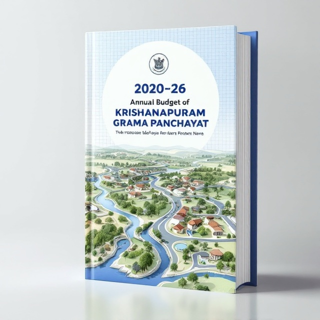 A modern and clean design featuring a bird’s-eye view of a tranquil village landscape, symbolizing Krishnapuram Grama Panchayat. The village elements are illustrated abstractly, including greenery, roads, small houses, and water bodies, all outlined with fine white lines against different shades of blue. At the center, there's a minimal circular graphic resembling a government seal, lending authority and formality to the overall design. A light grid overlay fades in the background, suggesting organization and structure.