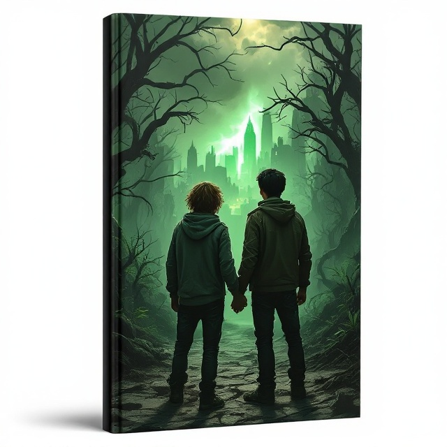 The cover features the back view of two teenage boys standing side by side at the edge of a dense, post-apocalyptic forest. The forest is overgrown, with twisted, dark green vines and scorched blackened trees dominating the scene. A glowing, broken cityscape is faintly visible in the distance through a hazy, ominous green mist. The boys are holding hands, projecting a small but powerful sense of hope amidst the chaos. The Caucasian boy with brown wavy hair is dressed in a tattered hoodie, while the Asian boy with short black hair wears a rugged jacket. The ground beneath them is cracked and lifeless, scattered with debris. Above them, the sky is tinged with black and green hues, underscoring the dark, dystopian tone.