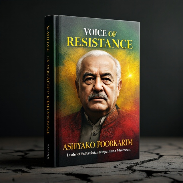 A large, powerful portrait of Ashtyako Poorkarim takes center stage, covering most of the cover. The photo captures a commanding and dignified expression, symbolizing strength and resilience. Behind the portrait, a dramatic textured background with the colors of the Kurdish flag (green, yellow, red) is subtly blended, fading into a cracked, gritty texture that represents struggle and resistance. Light rays subtly emanate from the background, symbolizing hope and independence.