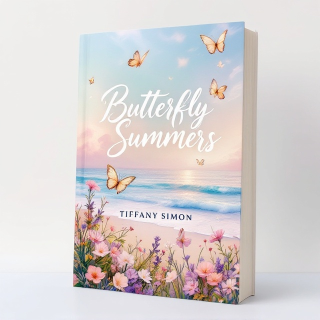 The cover features a serene beach scene with soft pastel hues of light blue, pink, and lavender swirling in the sky, blending with the ocean. Graceful butterflies, delicately illustrated, flutter over blooming wildflowers in the foreground, adding a whimsical touch. The waves in the background gently meet the shore, and the horizon is bathed in a golden glow from the setting sun.