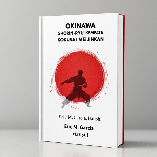 A minimalist cover featuring a traditional red Okinawan dojo patch emblem in the center with a faint outline of a karate practitioner executing a kata in the background. The color palette focuses on white, red, and black, with subtle Japanese-inspired brushstroke patterns on the edges to imitate traditional calligraphy. A clean yet impactful design that reflects the discipline and tradition of Shorin Ryu Kempo Karate.