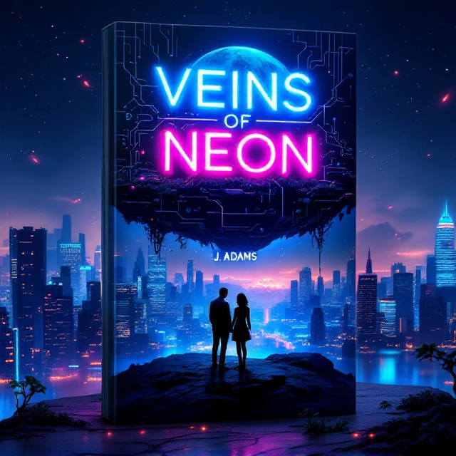 A shadowy, futuristic city skyline in the background with towering skyscrapers outlined in glowing neon blue. Crisscrossing the image are luminous, pulsing veins of neon-vined circuits that appear to grow organically, connecting the city to a floating island above. The island is lush with bioluminescent greenery spilling over into glowing tech-mechanical structures. A couple stands on the edge of the island, silhouetted against an electric-blue glowing moon, with hints of red-orange war explosions far in the distance.