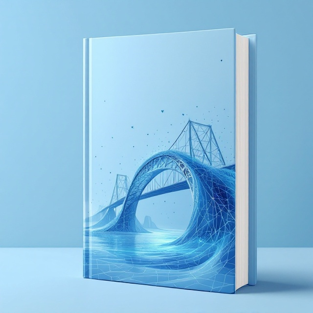 A sleek and professional light blue background with a transition of subtle gradients to give a modern and technical appeal. A central abstract illustration featuring a futuristic steel bridge structure intertwined with neural AI network patterns, visually representing the fusion of real-world engineering and artificial intelligence. Small, scattered seismic waveforms overlay the background with faint, clean gridlines symbolizing precision and data analysis. The lower portion introduces a subtle rippling water effect to hint at environmental factors tied to bridges.