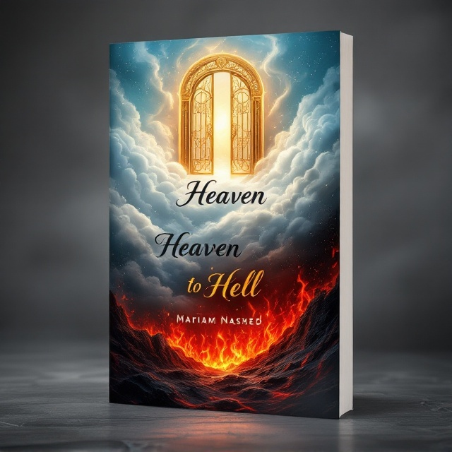 A mystical scene transitions between heaven and hell. The top half of the design features an ethereal depiction of heaven with golden gates surrounded by soft, swirling white clouds, blending into a gradient blue sky. The lower half of the cover flows into a fiery inferno, depicting a deep crimson hell with flames and dark rocky textures. "Heaven" is prominently written in bold black at the top, with a golden glow around the word. "To" is scripted in elegant black cursive in the center where the two realms merge. Finally, "Hell" is in striking blood-red lettering at the bottom, superimposed over the flames. Mariam Nashed’s name is positioned in smaller text in gold at the bottom center of the cover.